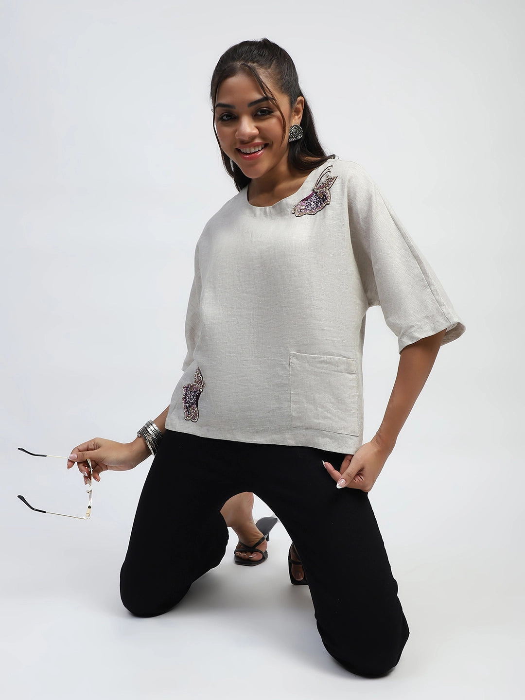 Natural Embellished Linen Boxy Fit Top - Global Republic