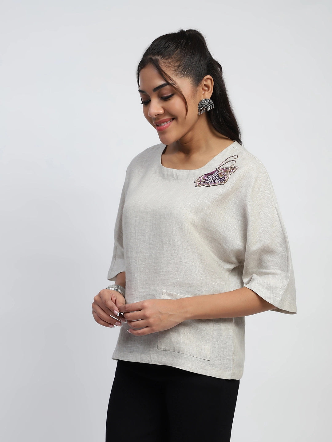 Natural Embellished Linen Boxy Fit Top - Global Republic