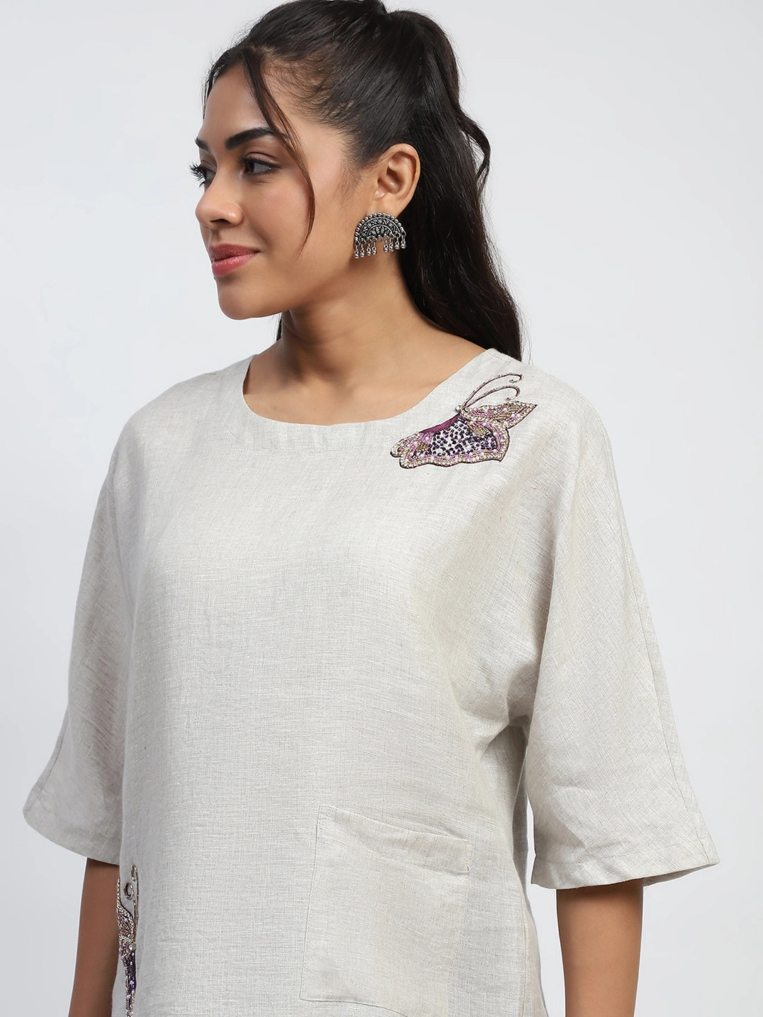 Natural Embellished Linen Boxy Fit Top - Global Republic
