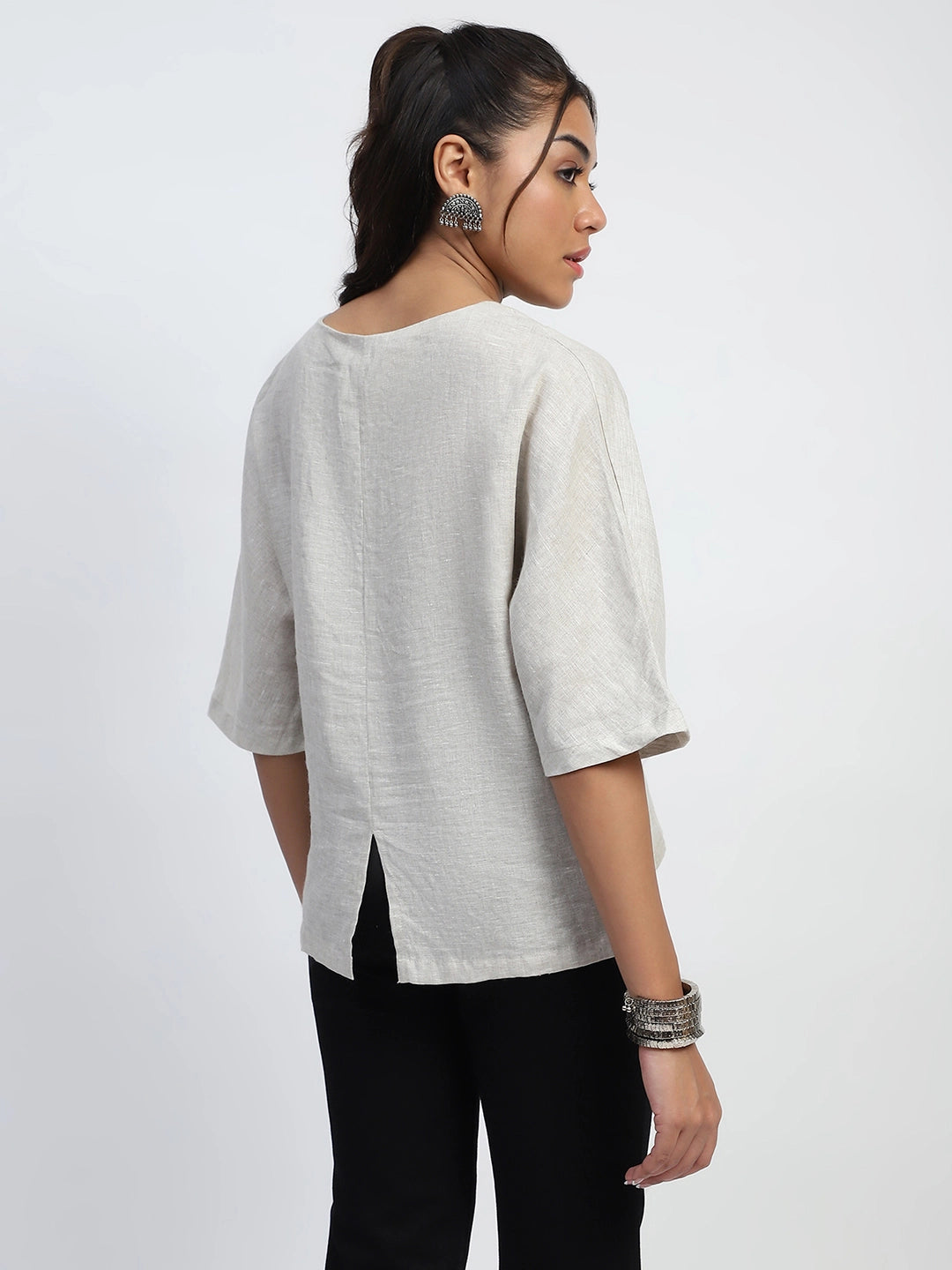 Natural Embellished Linen Boxy Fit Top - Global Republic