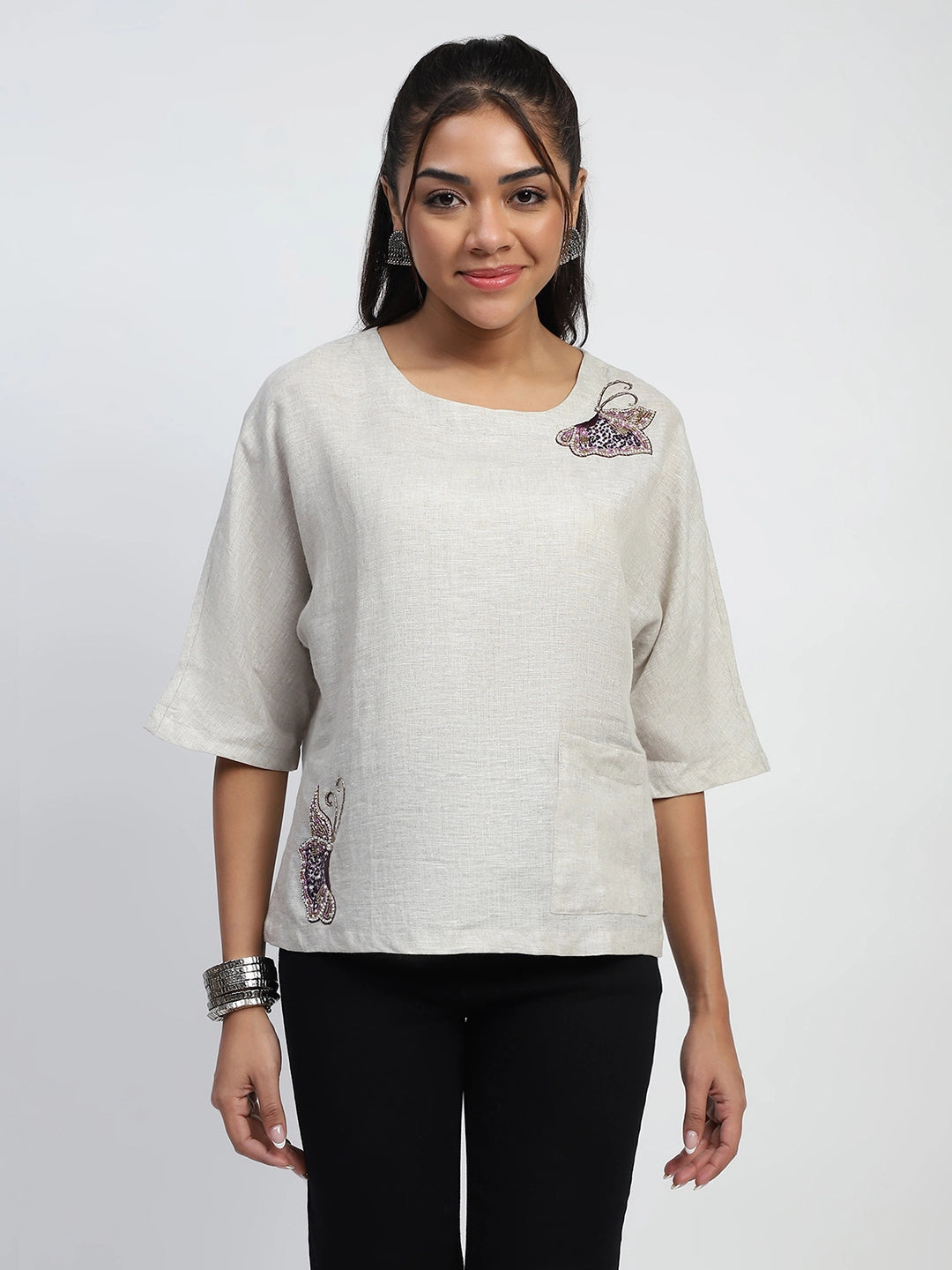 Natural Embellished Linen Boxy Fit Top - Global Republic