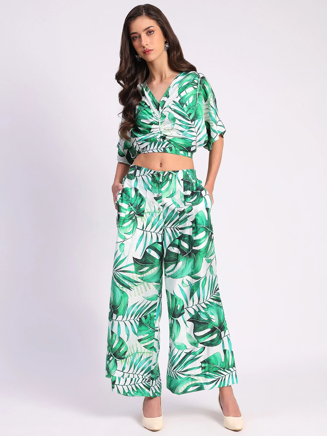 Tropical Crop Top & Wide-Leg Pant Set