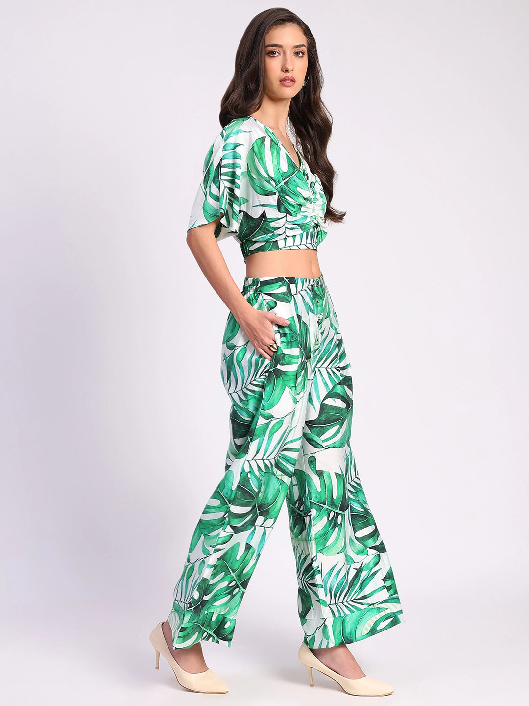 Tropical Crop Top & Wide-Leg Pant Set