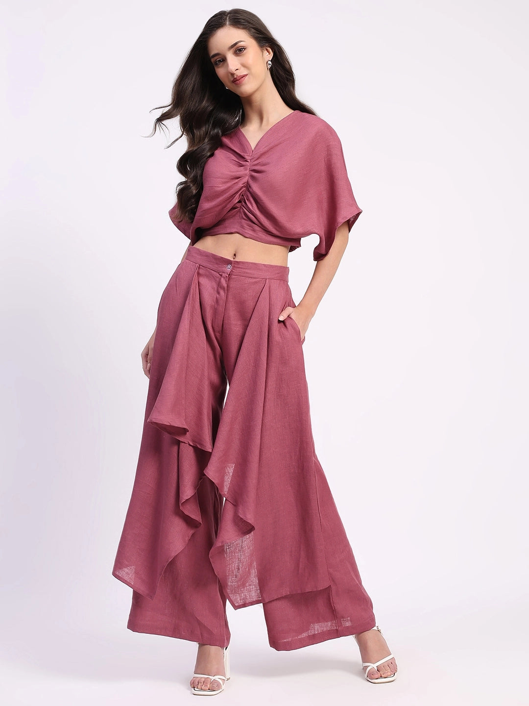 Linen Top with Wide-Leg Panel Bottom