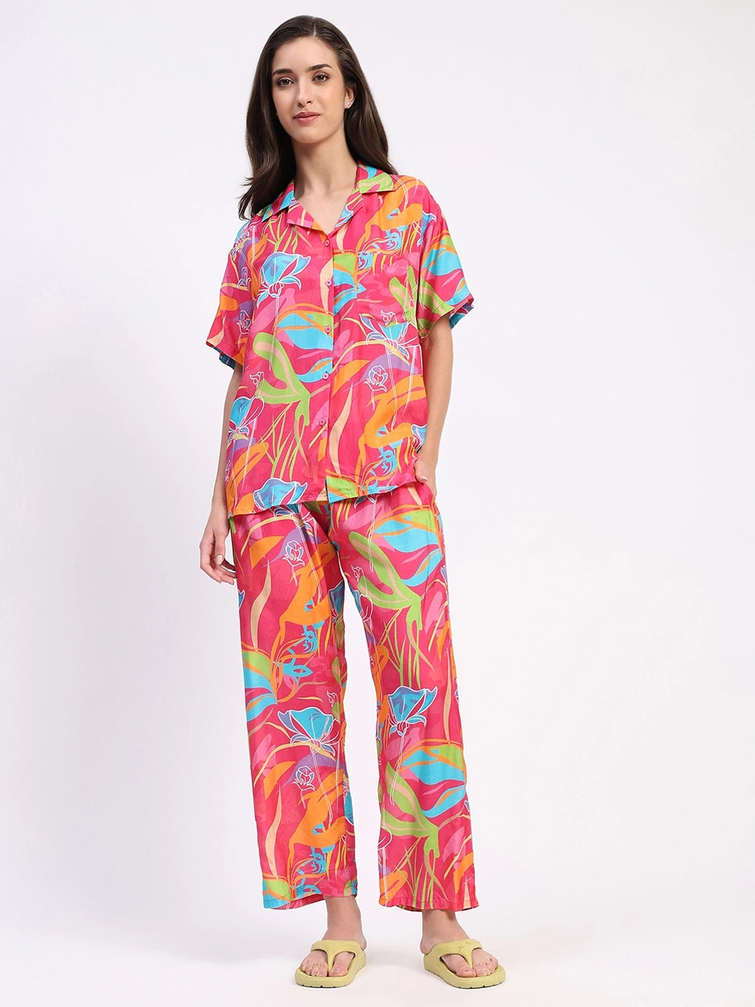 Pink Floral Viscose Muslin Night Suit - Global Republic