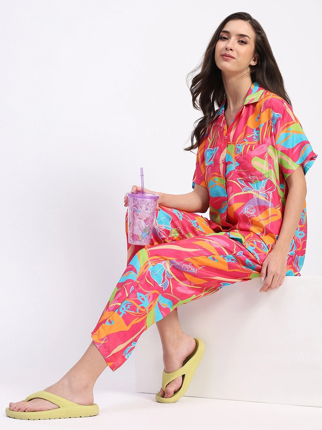 Pink Floral Viscose Muslin Night Suit - Global Republic