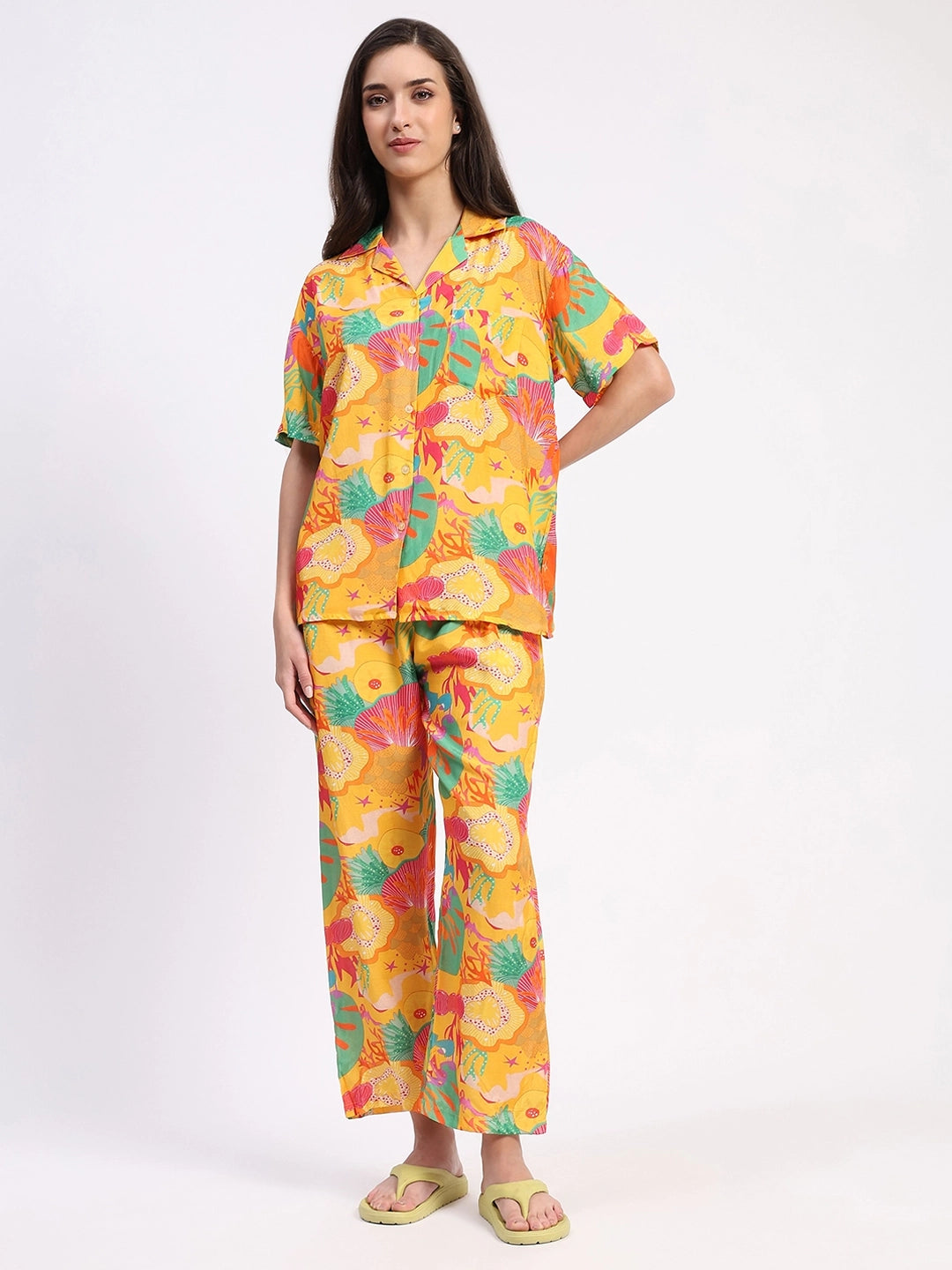 Yellow Floral Viscose Muslin Night Suit - Global Republic