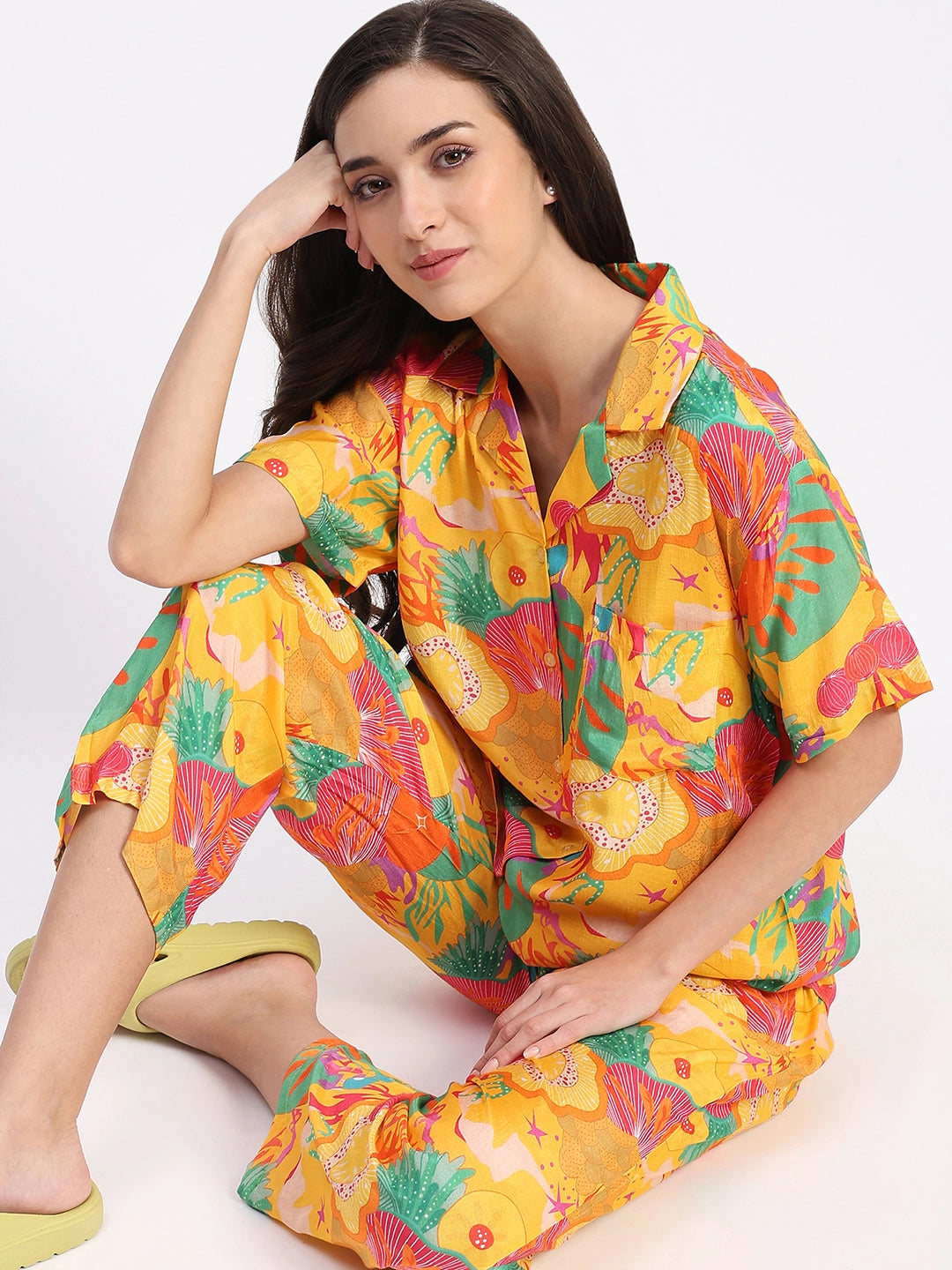 Yellow Floral Viscose Muslin Night Suit - Global Republic