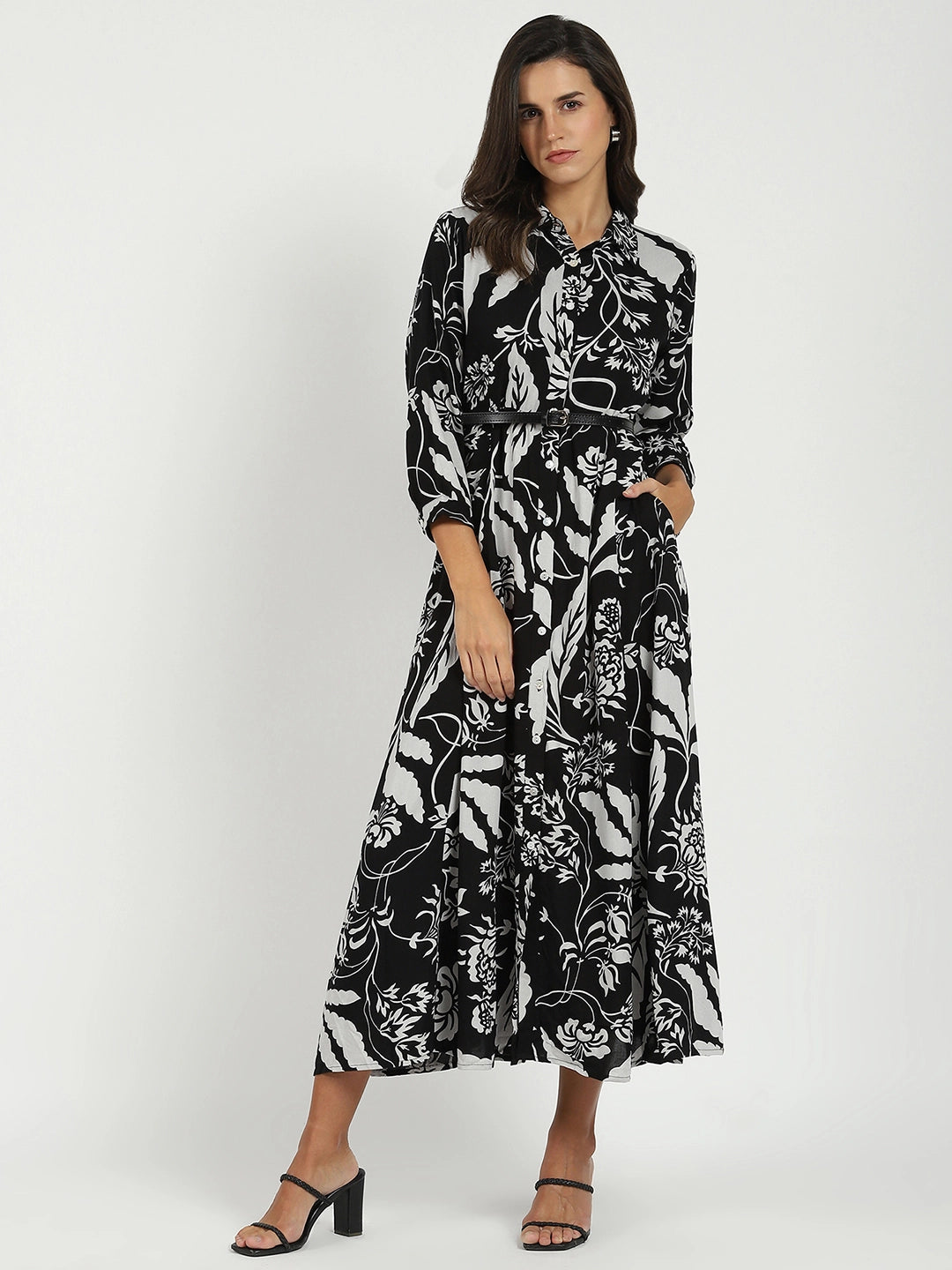Black Printed Maxi Dress With Belt - Global Republic