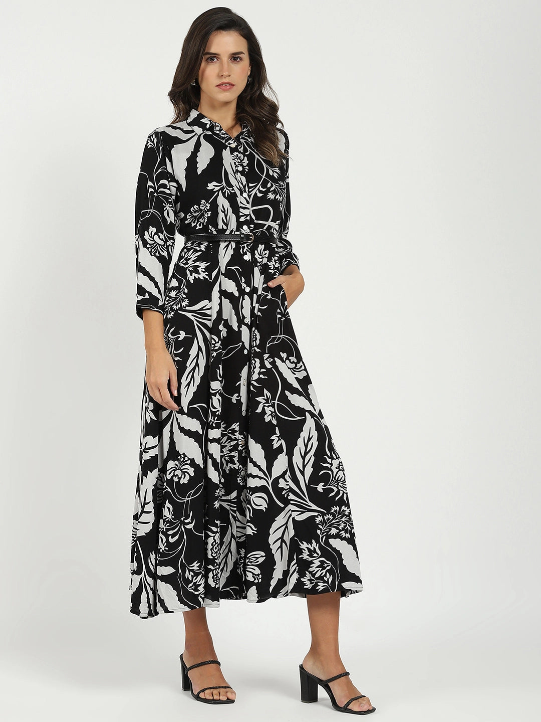 Black Printed Maxi Dress With Belt - Global Republic