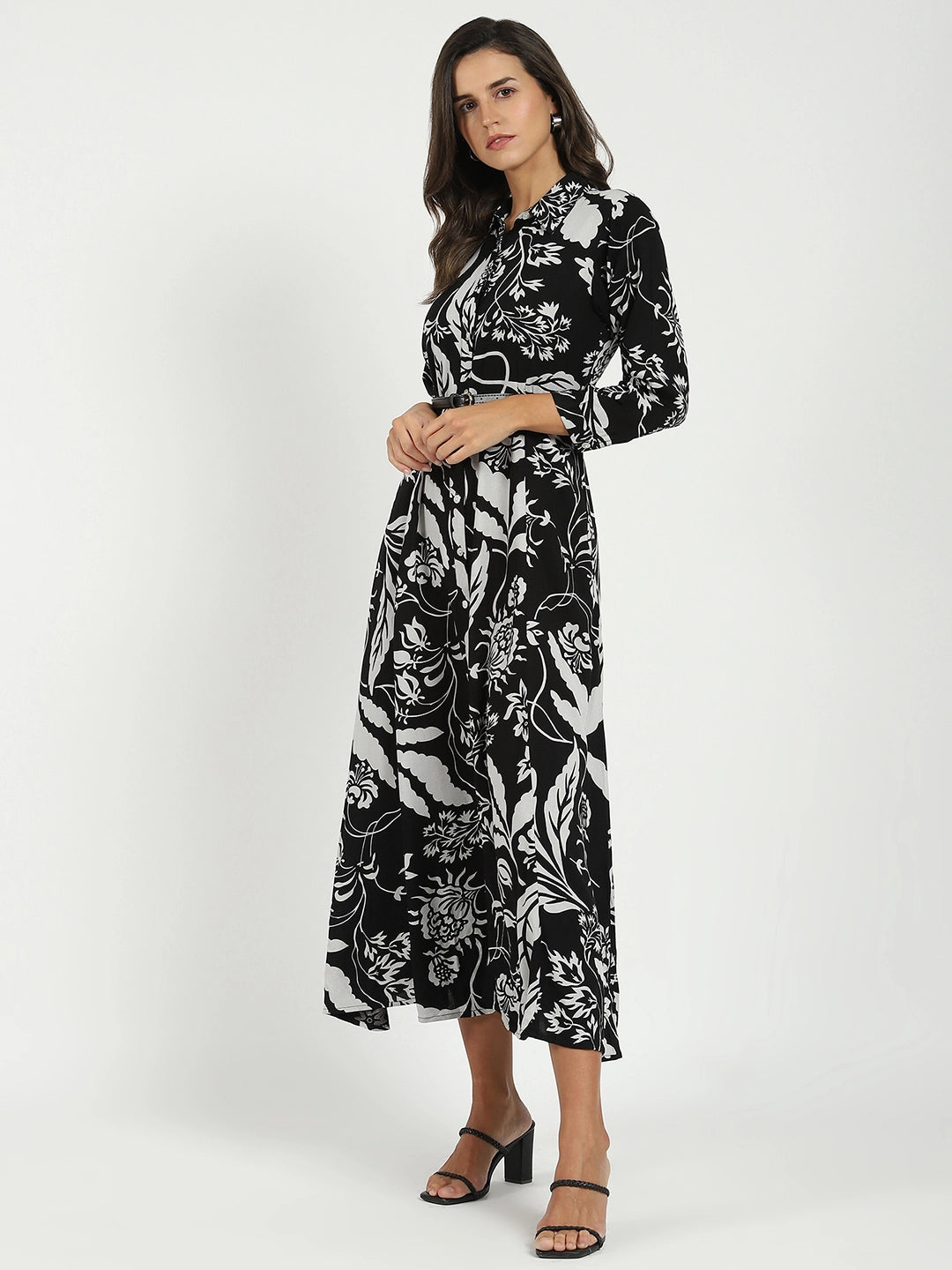 Black Printed Maxi Dress With Belt - Global Republic
