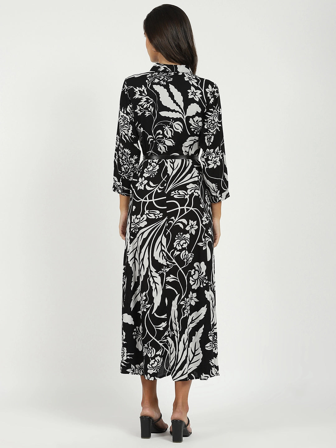 Black Printed Maxi Dress With Belt - Global Republic