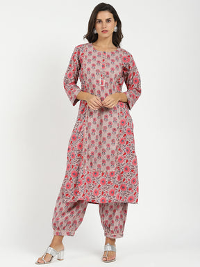 Pink Floral Cotton Afghani Kurta Set
