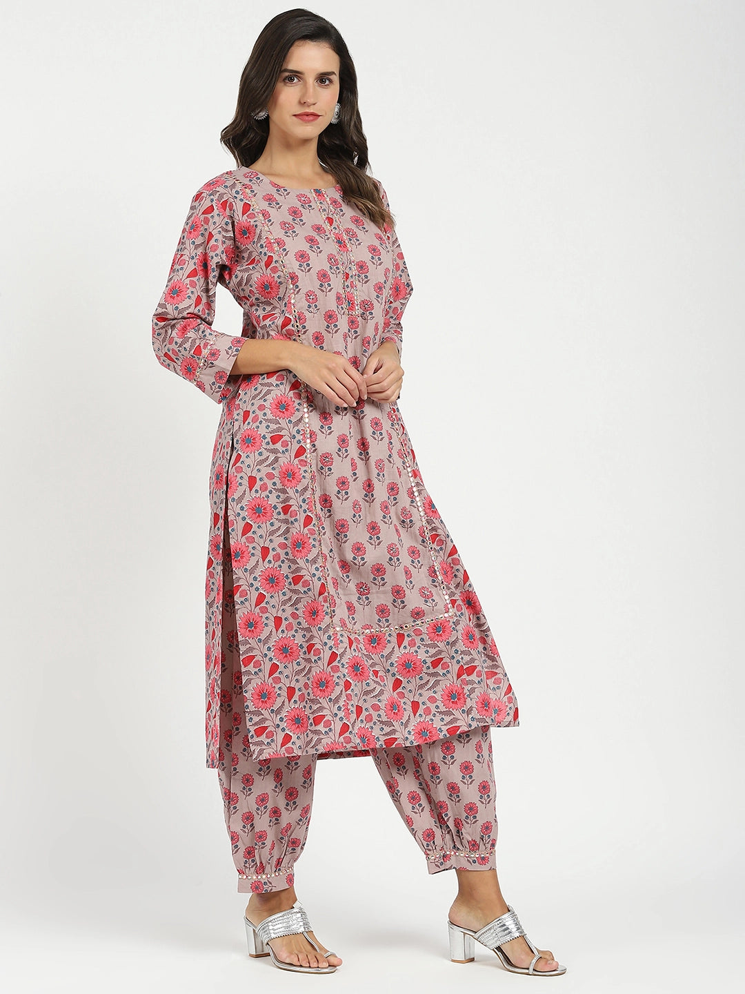 Pink Floral Cotton Afghani Kurta Set