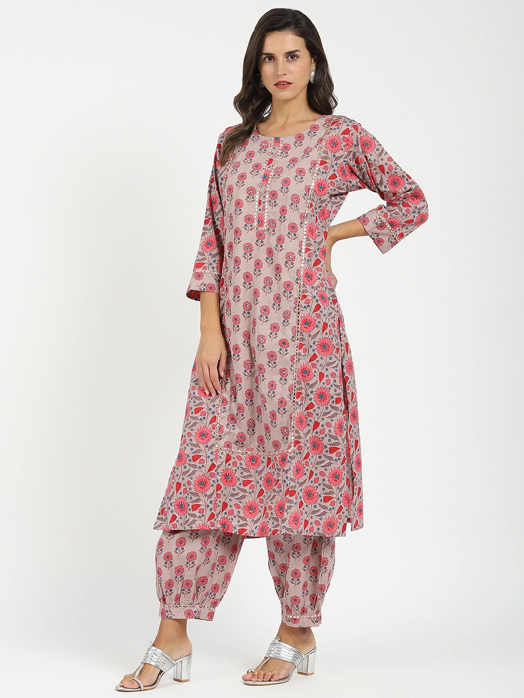 Pink Floral Cotton Afghani Kurta Set