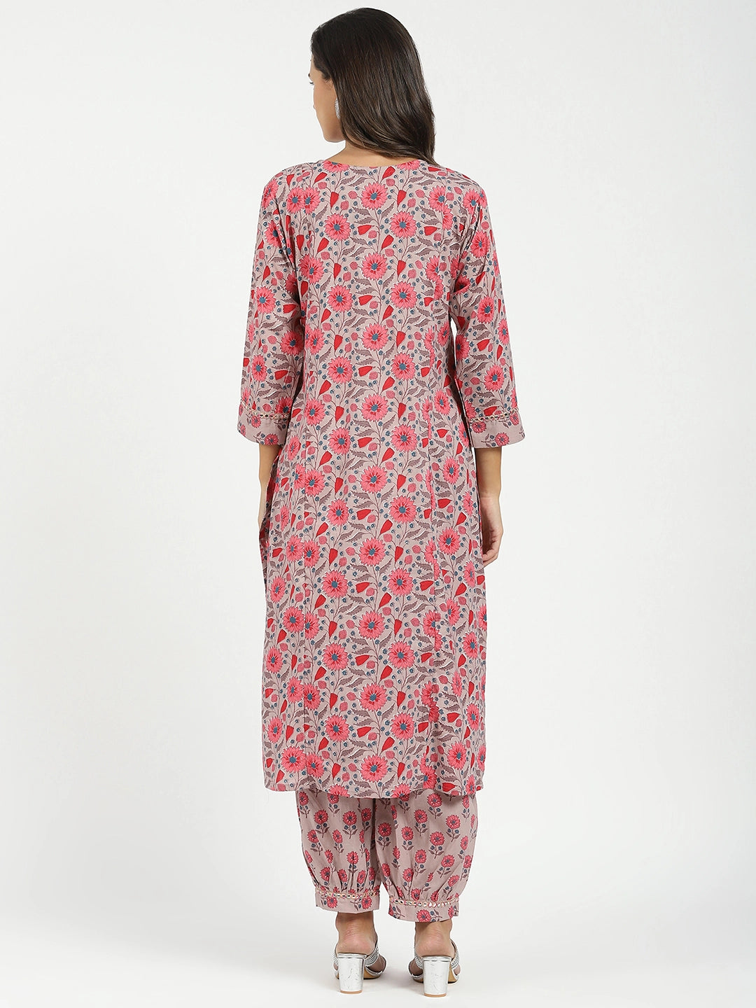 Pink Floral Cotton Afghani Kurta Set