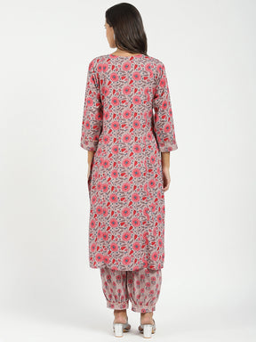 Pink Floral Cotton Afghani Kurta Set