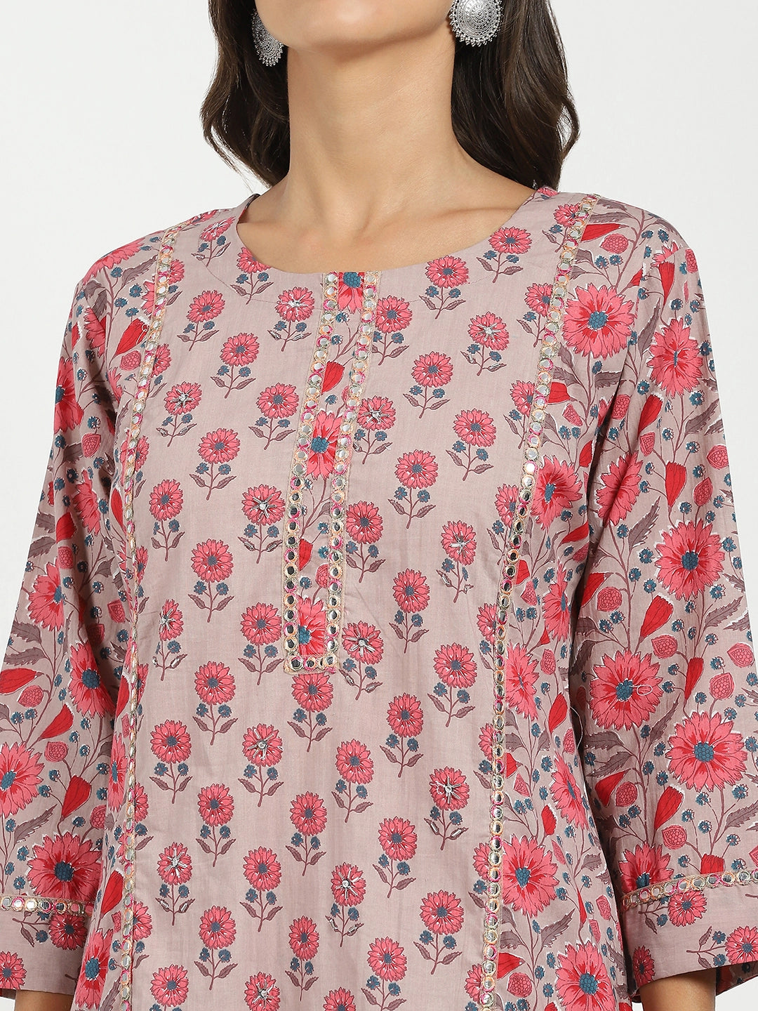 Pink Floral Cotton Afghani Kurta Set