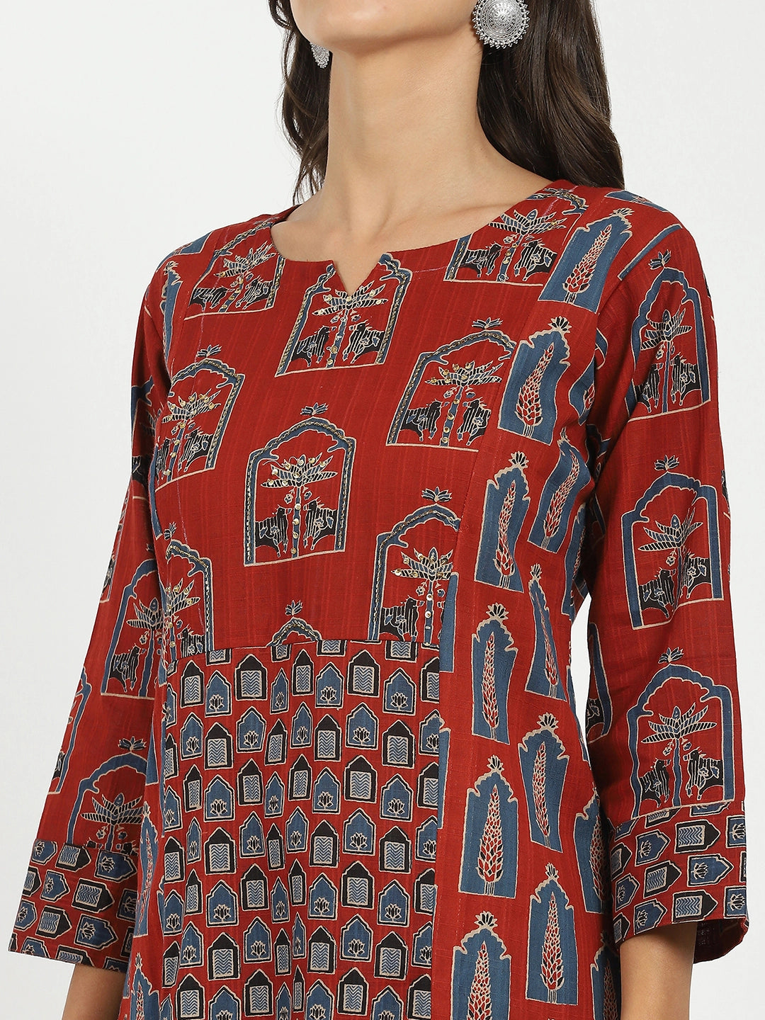 Maroon Ajrakh Embellsihed Cotton Kurta - Global Republic