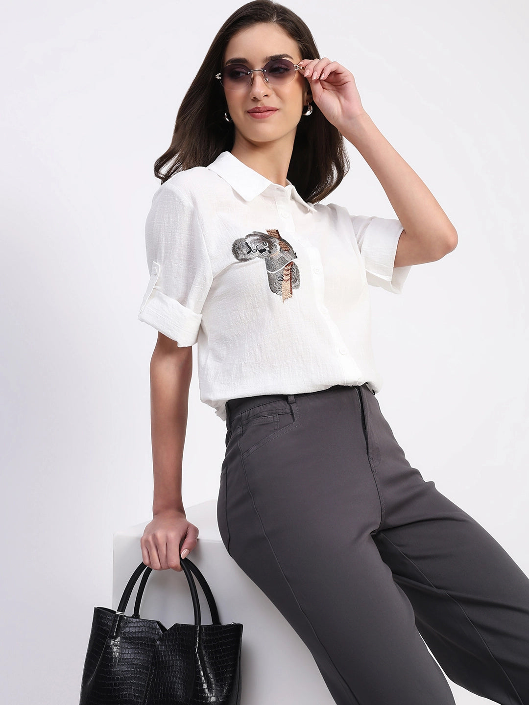 White Koala Embroidered  Cotton Shirt