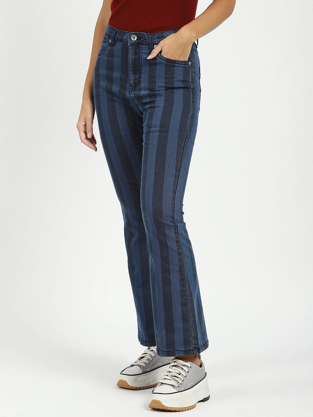 Blue Striped Bootcut Jeans