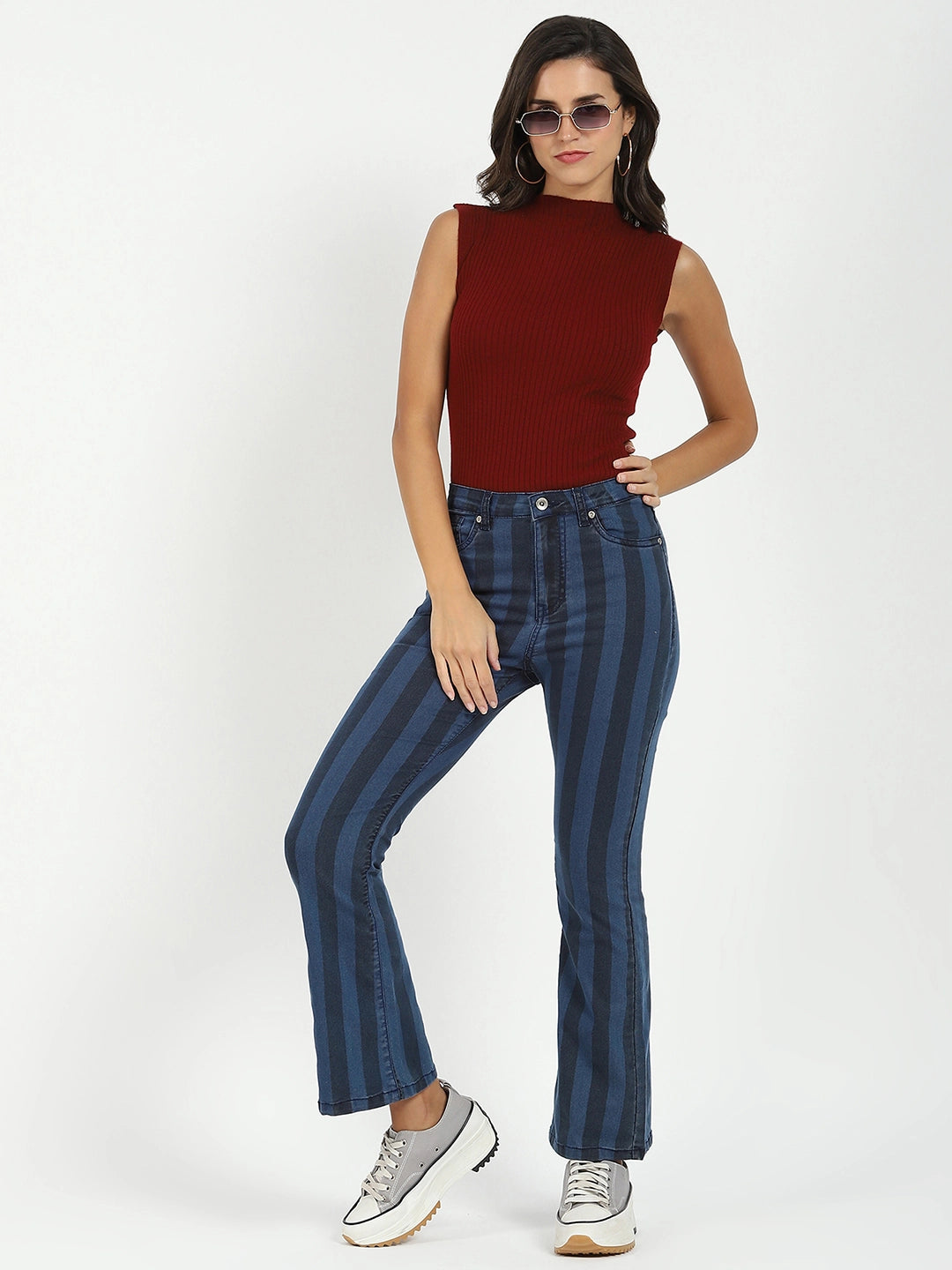 Blue Striped Bootcut Jeans