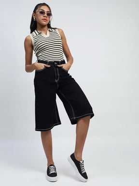 Black Solid Cotton Blend Loose Culottes