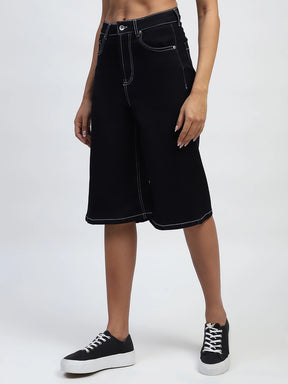 Black Solid Cotton Blend Loose Culottes