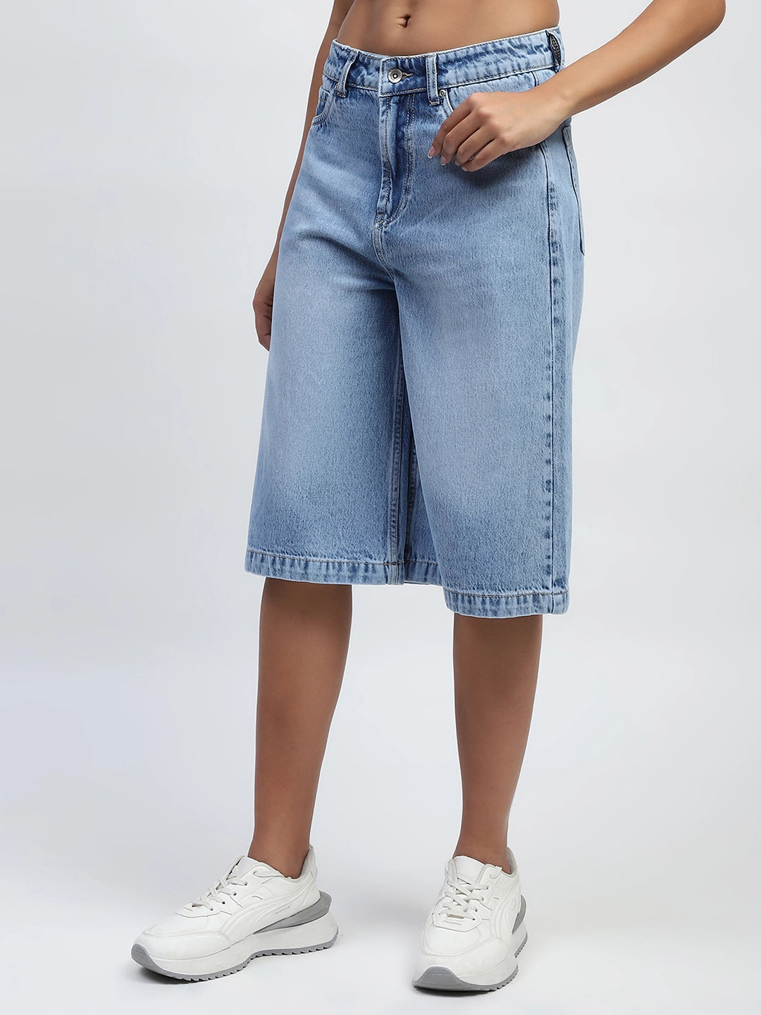 Blue Solid Cotton Blend Loose Culottes
