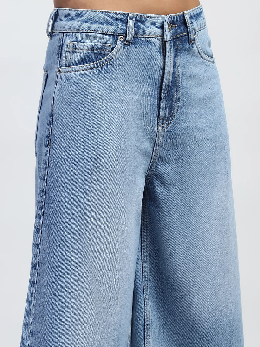 Blue Solid Cotton Blend Loose Culottes