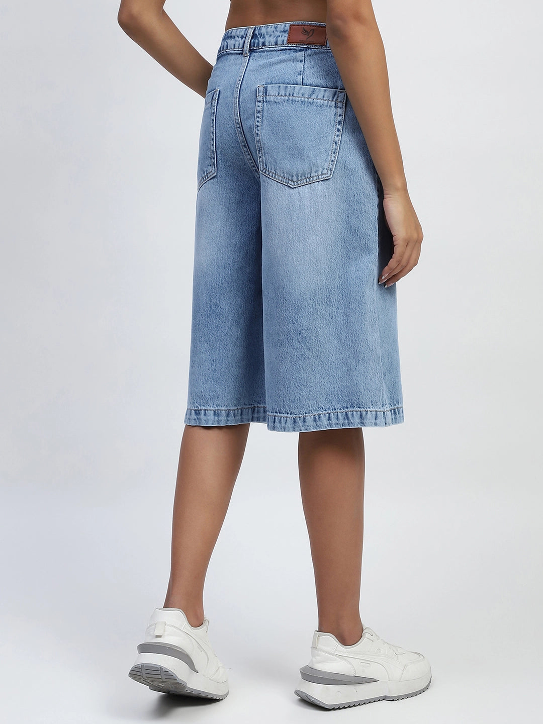 Blue Solid Cotton Blend Loose Culottes