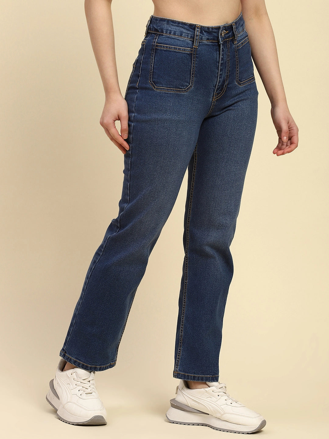 Blue Cotton Blend Straight Jeans