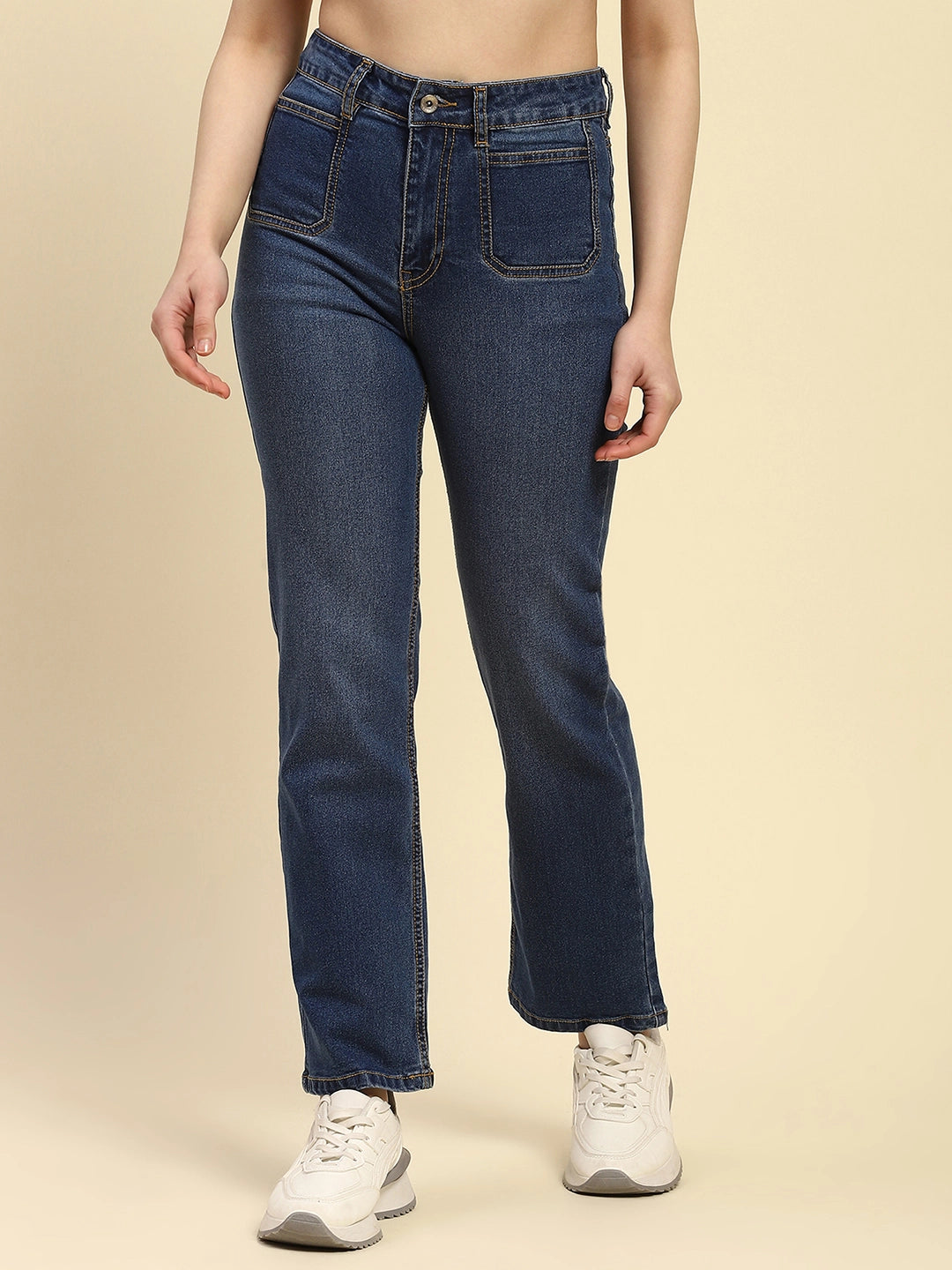 Blue Cotton Blend Straight Jeans