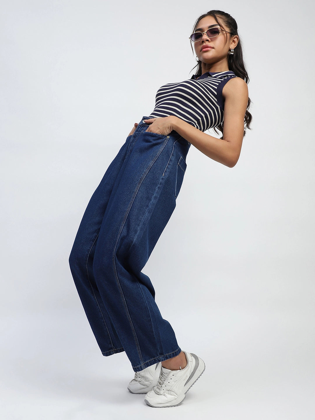 Blue Cotton Blend Boyfriend Jeans