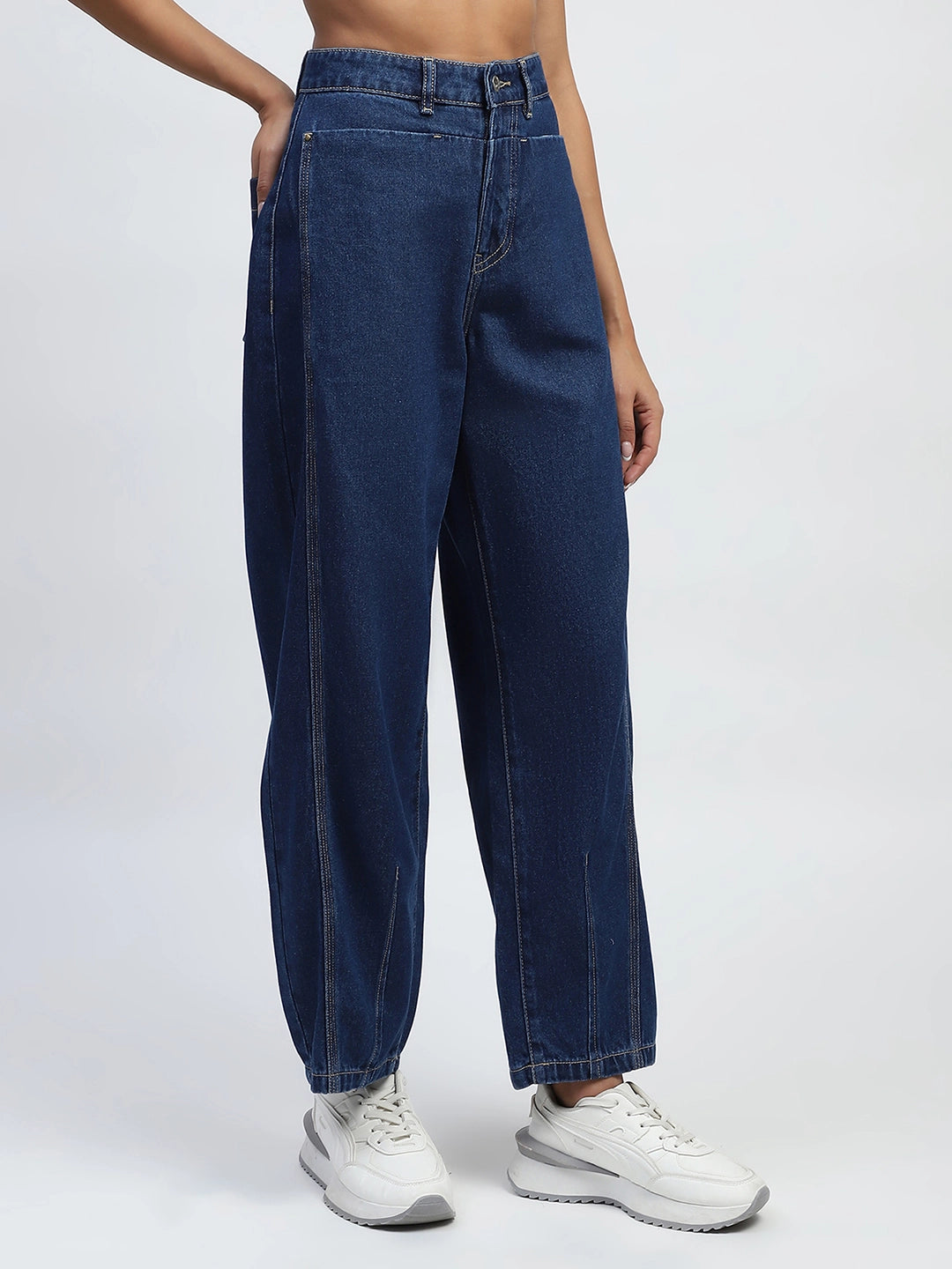 Blue Cotton Blend Boyfriend Jeans