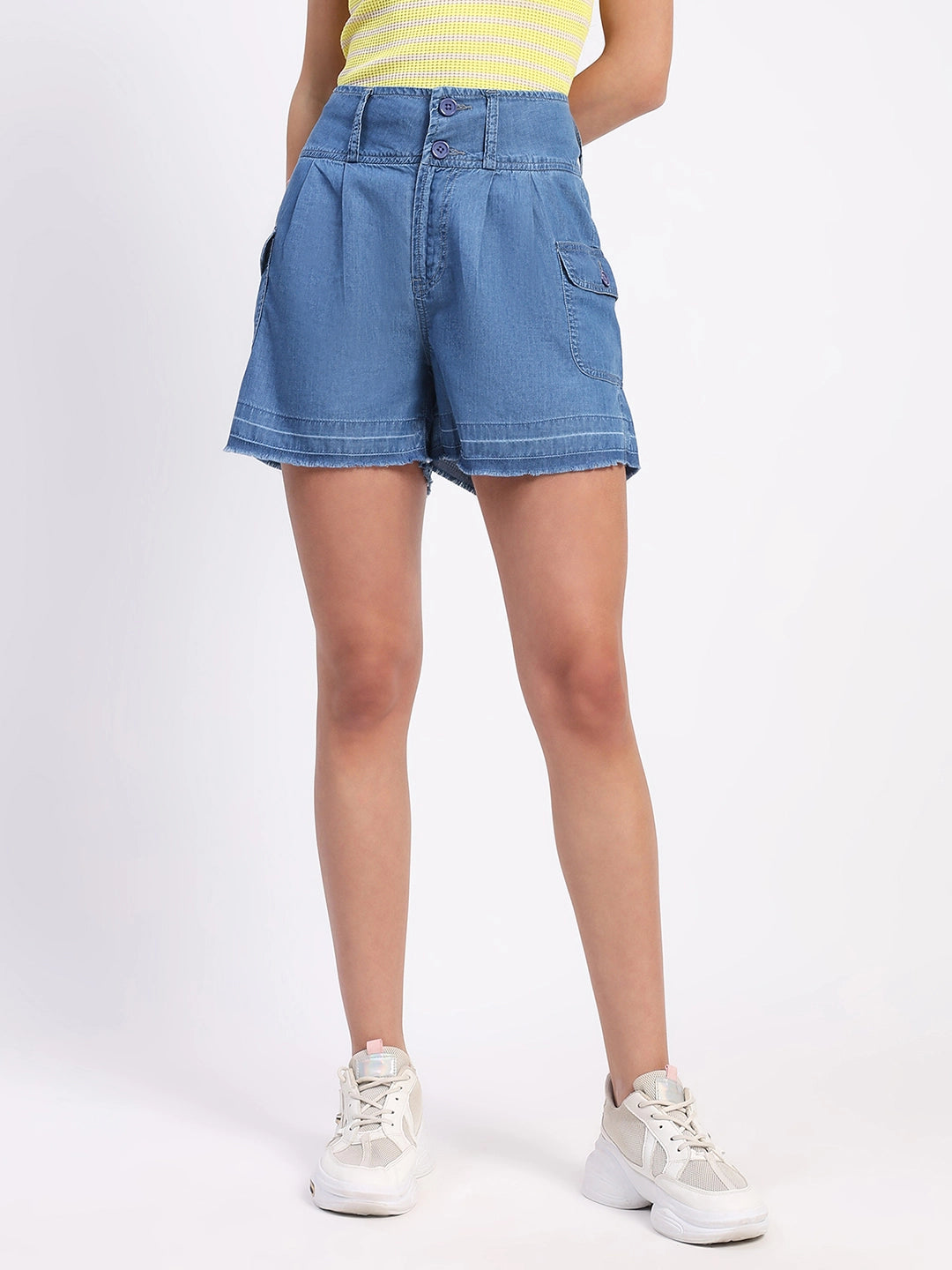 Blue Tencel Solid Shorts