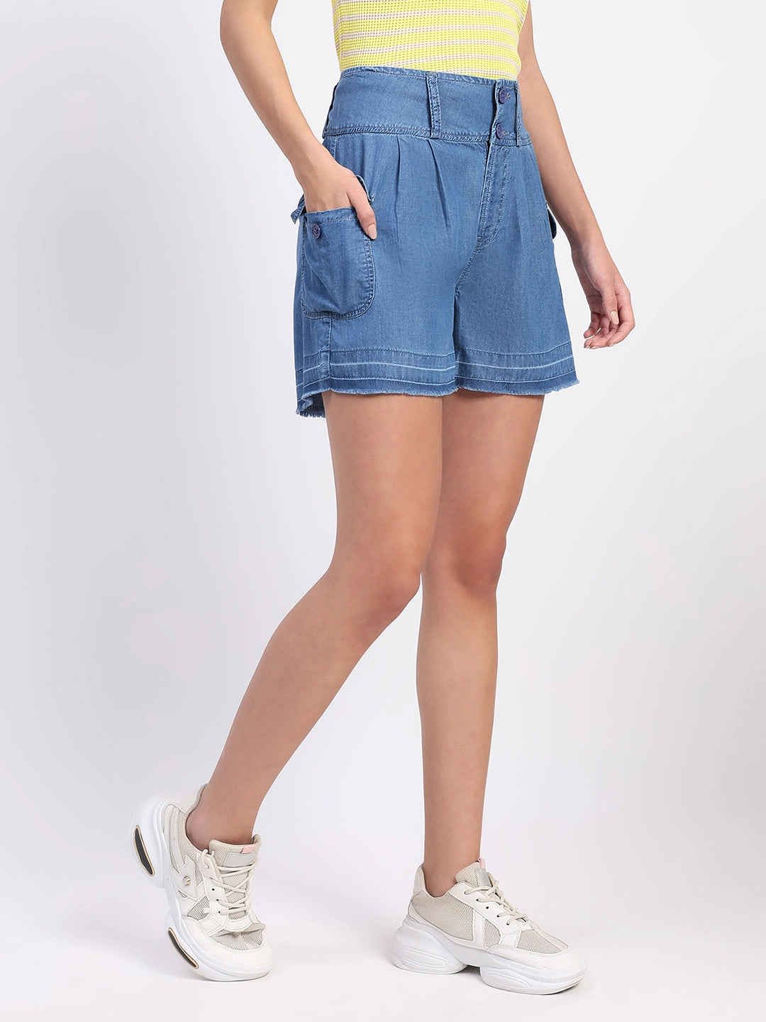 Blue Tencel Solid Shorts
