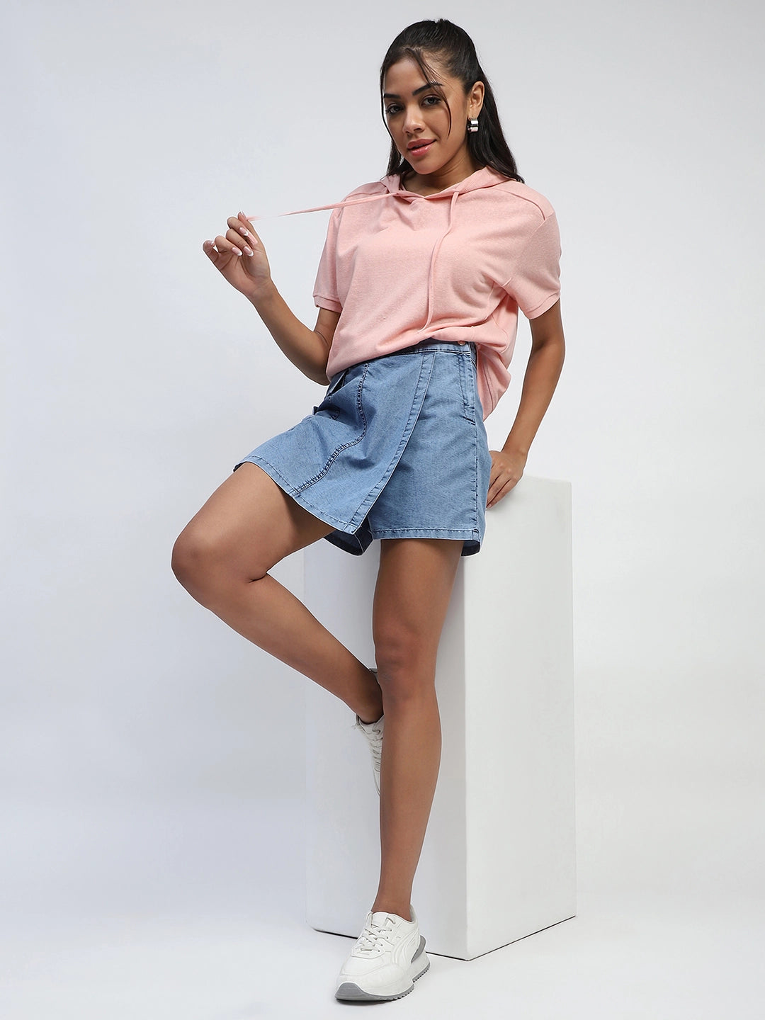 Light Blue Solid Cotton Blend Skorts