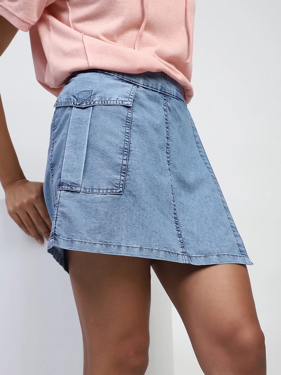 Light Blue Solid Cotton Blend Skorts