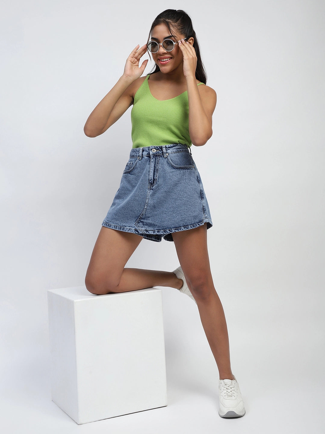 Blue Solid Cotton Blend Skorts