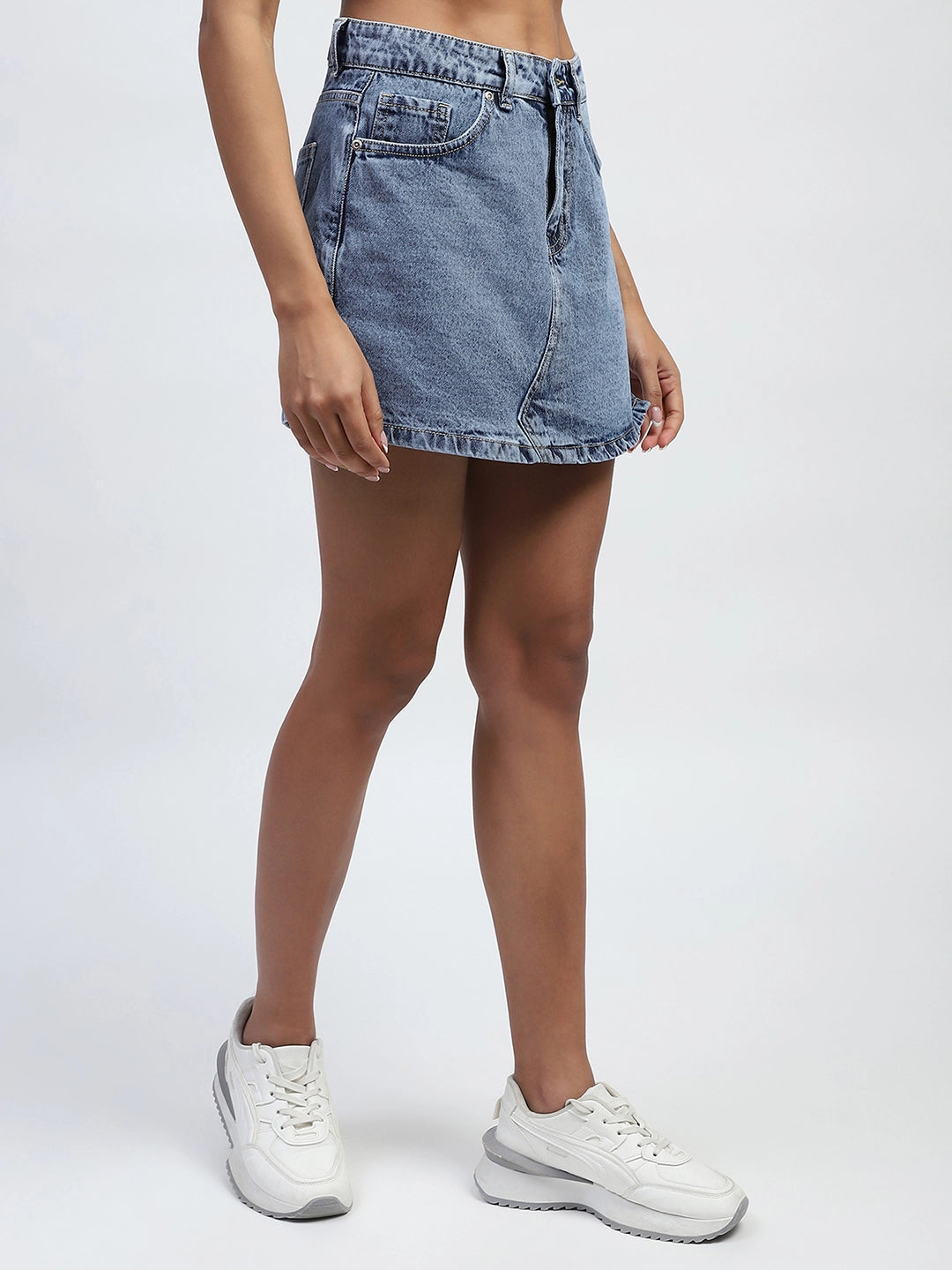 Blue Solid Cotton Blend Skorts
