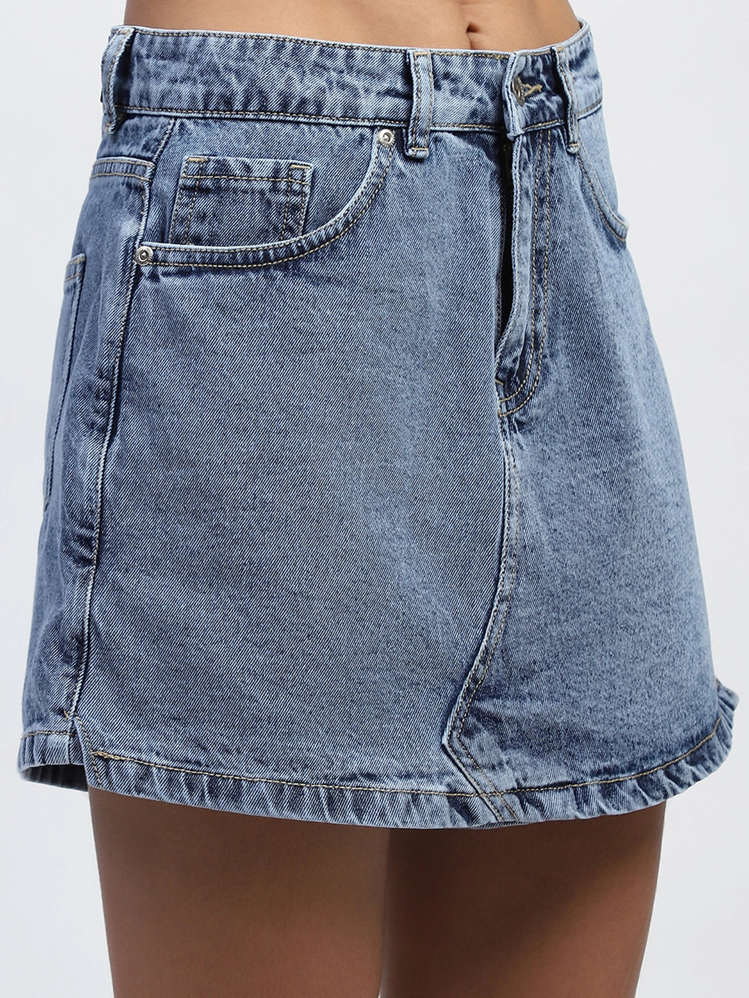 Blue Solid Cotton Blend Skorts