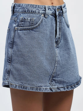 Blue Solid Cotton Blend Skorts