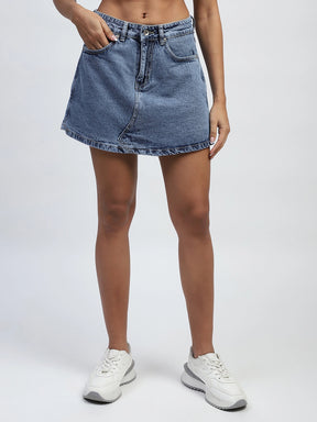 Blue Solid Cotton Blend Skorts