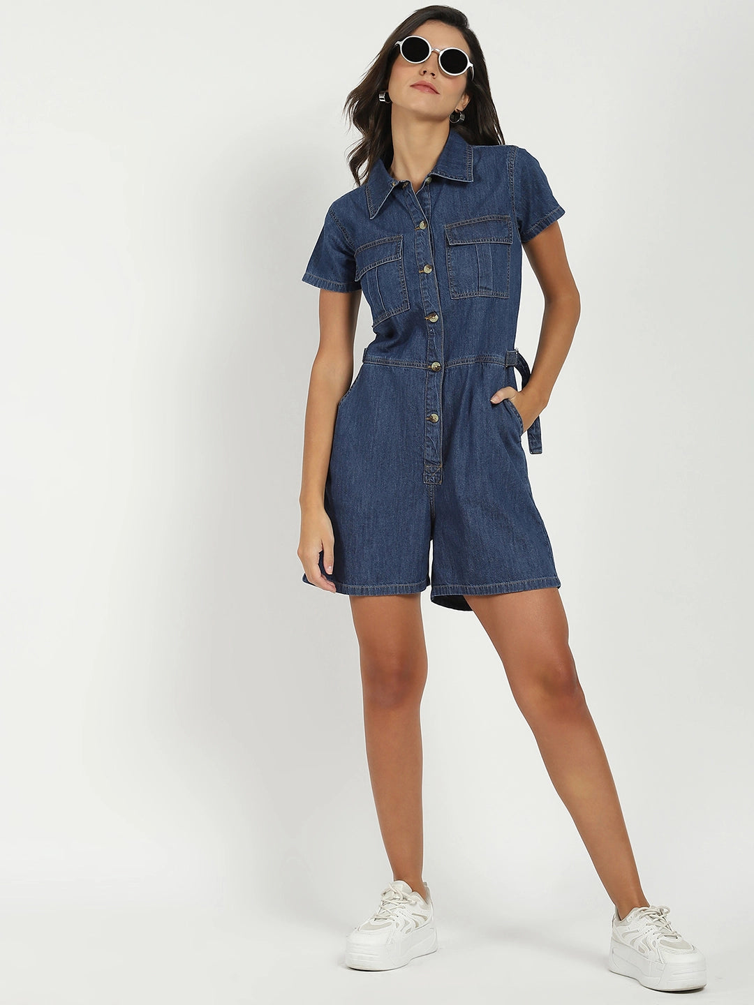 Dark Blue Cotton Blend Jumpsuit