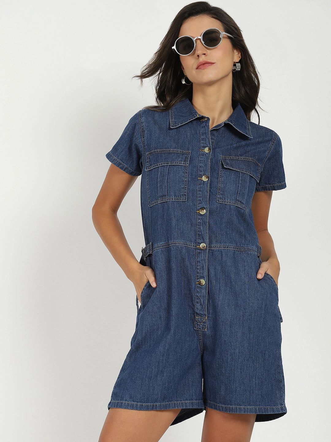 Dark Blue Cotton Blend Jumpsuit