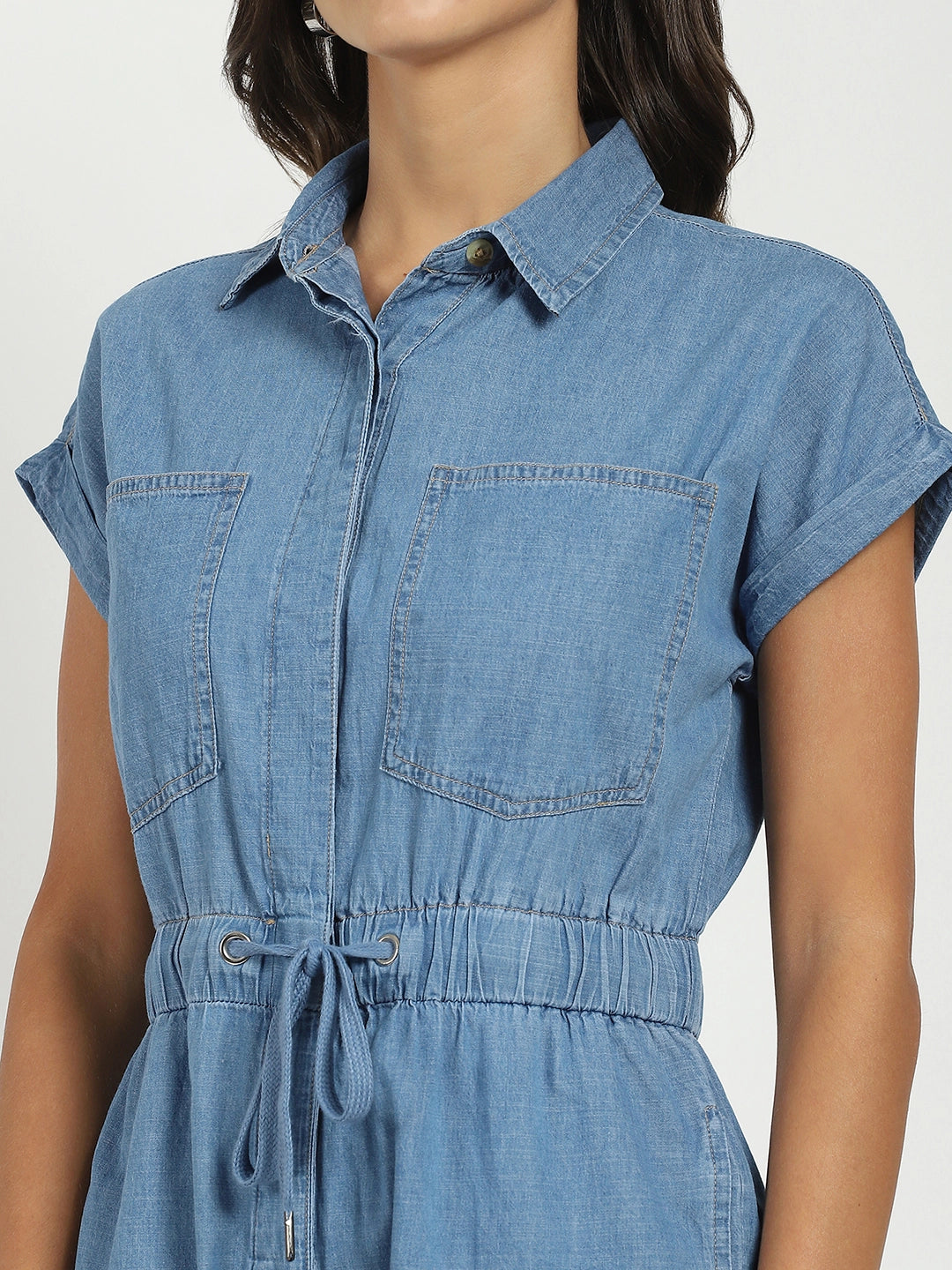 Blue Solid Cotton Jumpsuit - Global Republic