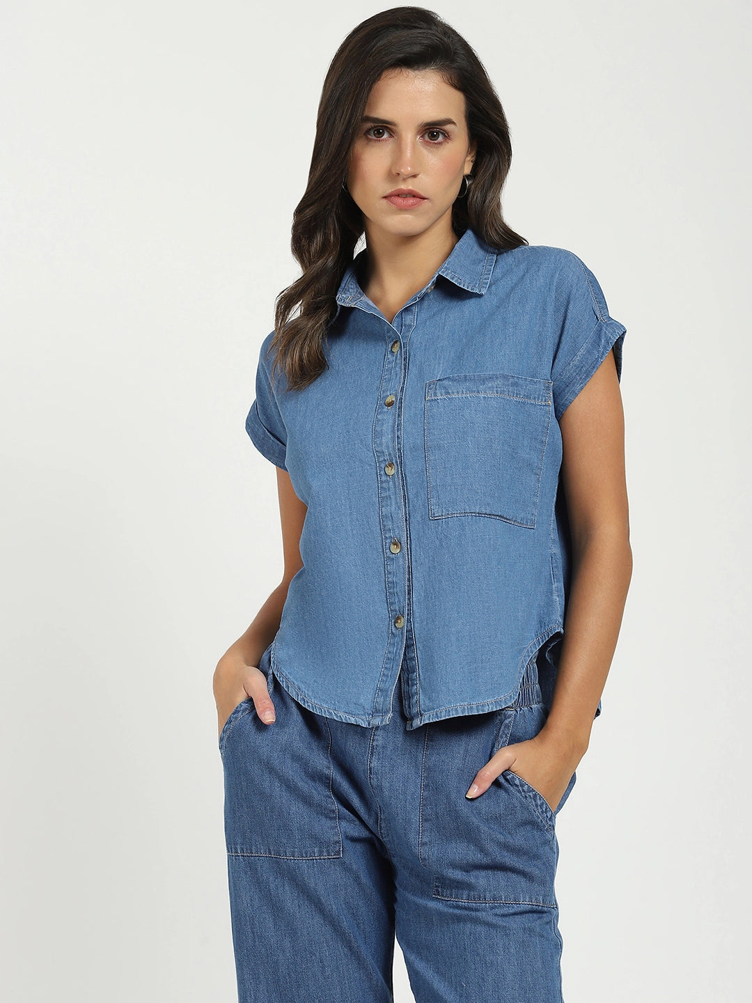 Blue Solid Cotton Loose Fit Shirt