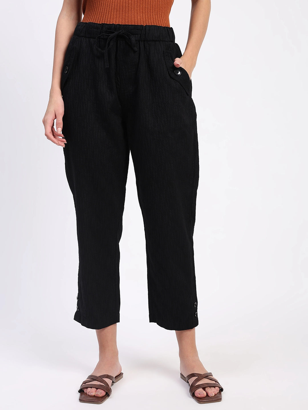 Black Embroidered Cotton Ankle Lower