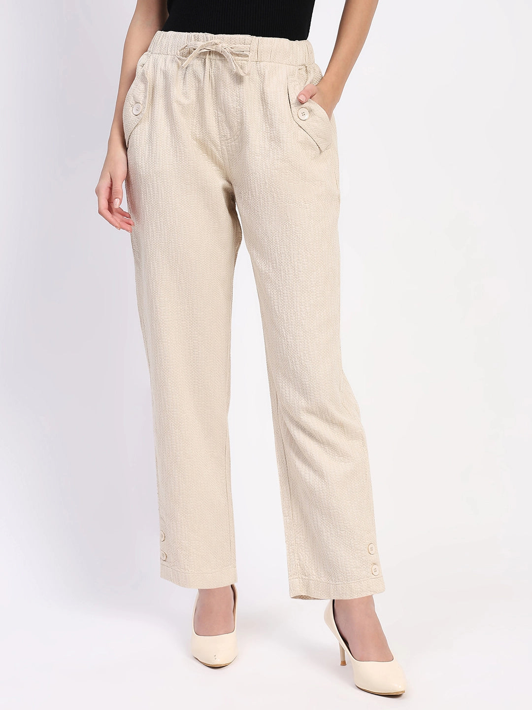 Beige Embroidered Cotton Ankle Lower